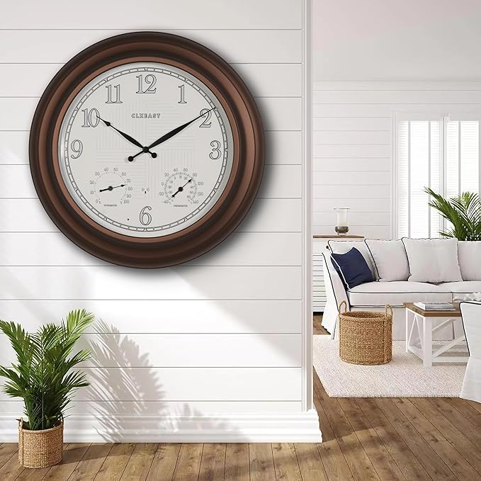 CLXEAST 24 Inch Illuminated in/Outdoor Lighted Atomic Analog Wall Clock with Thermometer & Hygrometer, Oversized Large Waterproof Wall Clocks for Living Room Decor,Bronze Finish