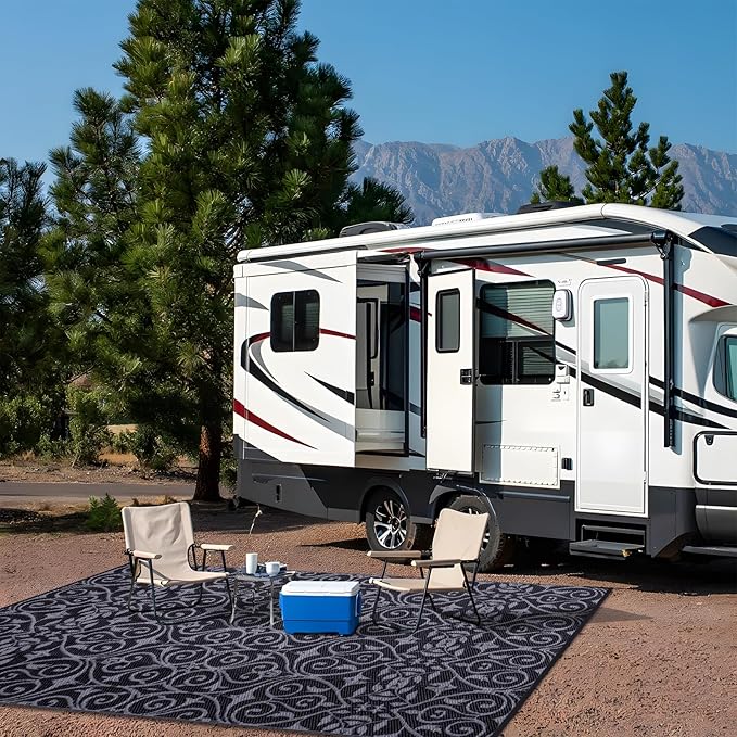 OLANLY Outdoor Rug Waterproof 9x12 ft Clearance, Reversible Outdoor Plastic Straw Rug with Floral Pattern, RV Mat for Patio, Camping, Balcony, Deck, Backyard, Black & Grey