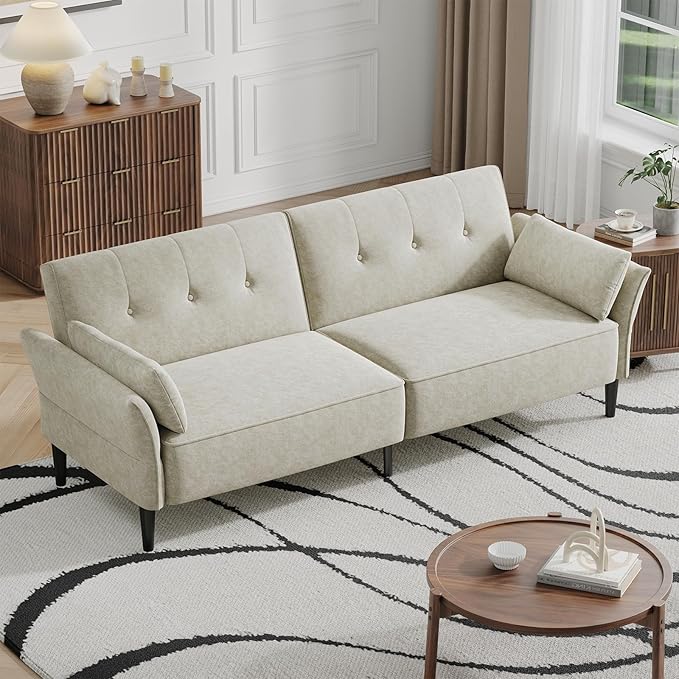 89” Futon Sofa Bed, Comfy Futon Couch Bed with 2 Square Pillows, Convertible Sleeper Sofa with Adjustable Backrest& Armrests, Modern Loveseat Sleeper for Living Room, Bedroom, White