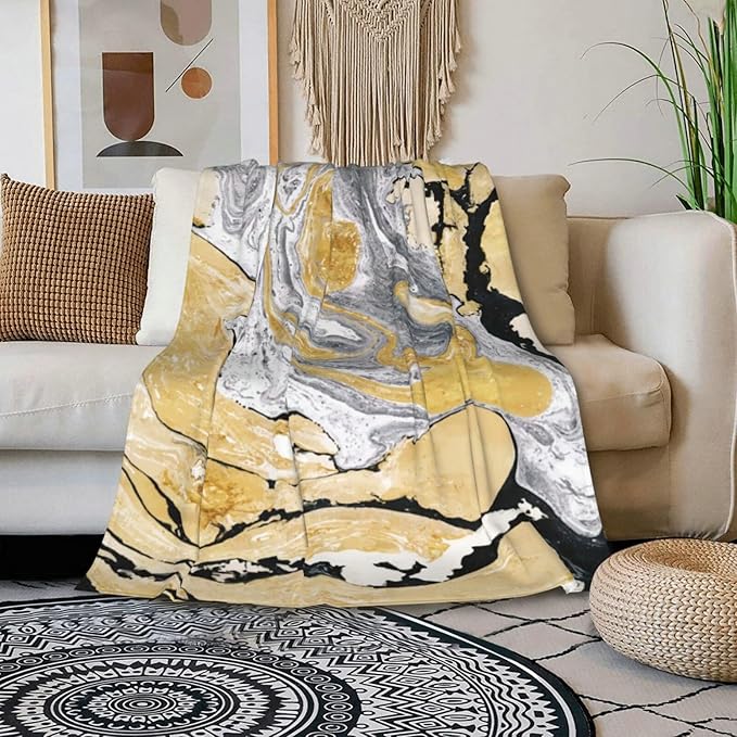 HGOD DESIGNS Gold Golden and Silver Marble Ink Abstract Painting Flannel Fleece Bed Blanket Throw Blanket Lightweight Cozy Plush Blanket for Bedroom Living Rooms Sofa Couch 50"x60"