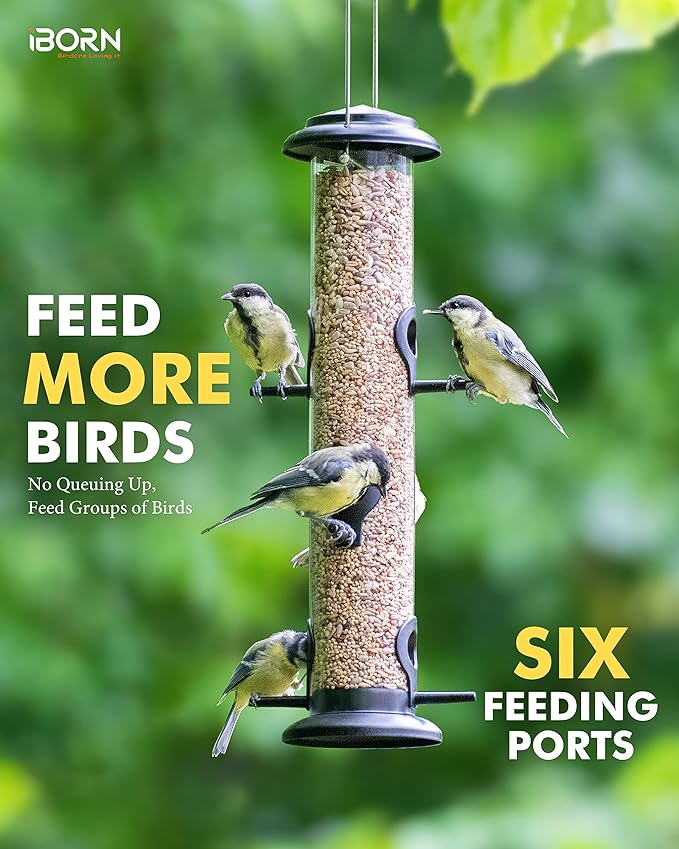 iBorn Metal Bird Feeders Black Wild Bird Feeder for Outdoors Hanging All Metal Black Finishing 14 Inch 6 Port(Seed is not Included)