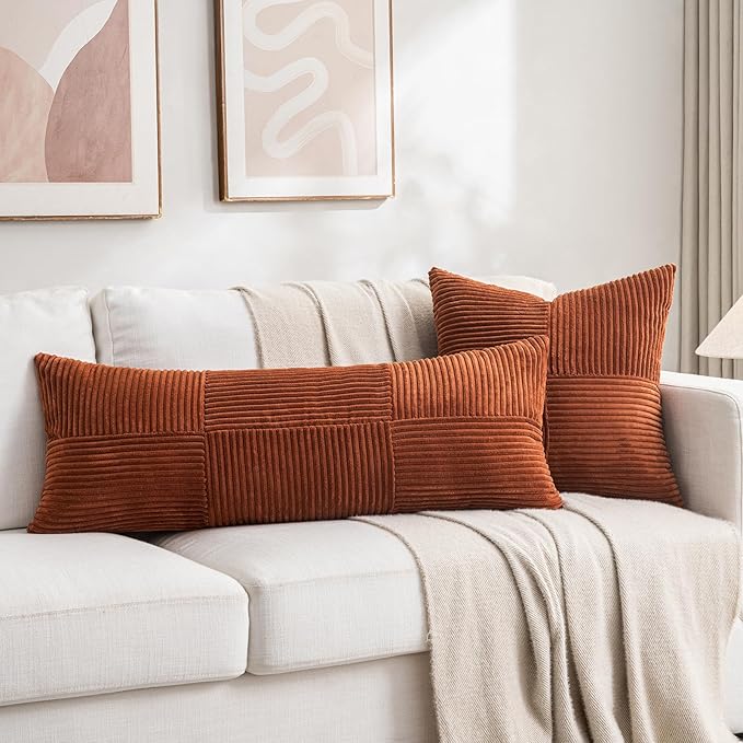 Fancy Homi 2 Packs Rust Decorative Throw Pillow Covers 16x16 Inch for Living Room Couch Bed, Rustic Farmhouse Boho Home Decor, Soft Corss Patchwork Corduroy Square Terracotta Cushion Case 40x40 cm