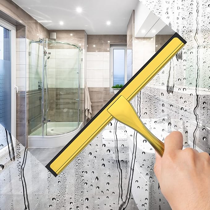 All-Purpose Stainless Steel Shower Squeegee for Shower Doors with 2 Adhesive Hooks, Bathroom Cleaner Tool Household Window Mirror Squeegee for Home Cleaning, Glass Door, Tile Wall, Car, 12 Inch Golden
