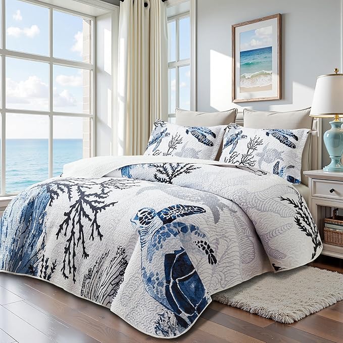 Coastal Bedding Twin Size Coastal Quilt with Shams, Nautical Beach Comforter Sets Ocean Bedspreads Blue Seaturtle Coverlet Summer Bedding, 68''x86''
