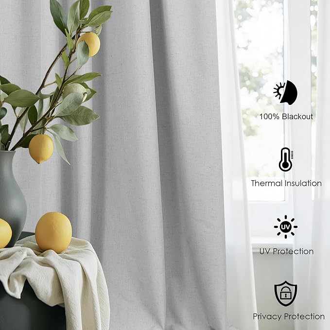 Light Gray Linen Blackout Curtains White Backing 102 Inch Long 2 Panel Sliding Glass Door Solid Grey Light Blocking Thermal Curtain for Summer Heat Energy Saving Weather Drapes for Bedroom Living Room