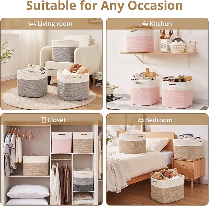 OIAHOMY 13 Kallax Inch Cube Storage Bins, 3-Pack Cotton Rope Woven Baskets for Organizing, Kallax Insert Storage Baskets for Shelves, Baby Nursery, Closet Organizer, 15*13*12.6IN, Grey & White