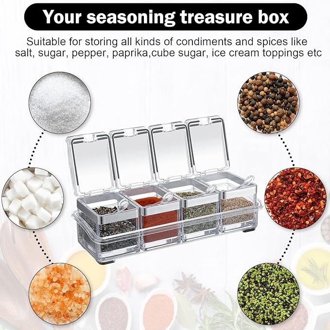2 Set Acrylic Seasoning Organizer Box 8 Pcs Clear Seasoning Rack Spice Pots Condiments Containers with Lids and Spoons Storage Container Spice Jar for Salt Sugar Cruet Kitchen Cooking Organizer