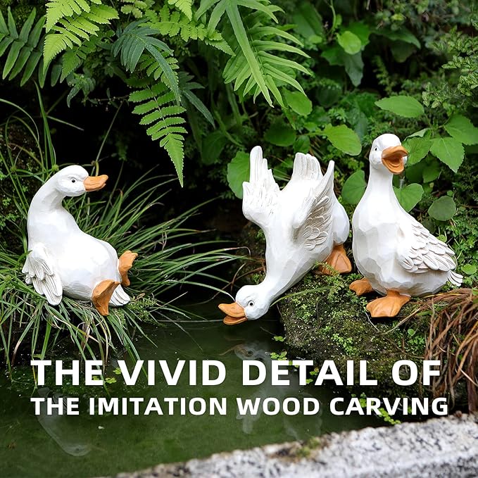 Duck Yard Decorations Outdoor Ornaments Set of 3, Resin Goose Sculpture Statue Front Porch Garden Decor for Outside Imitation Wood Carving, Funny Animal Decorations Fairy Craft Yart Art Decor