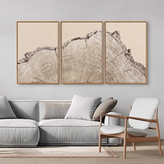 SIGNINART Large Tree Ring Framed Canvas Wall Art Set, Rustic Beige Wooden Wall Decor, Neutral Nature Wood Stump Artwork, Modern Art Prints for Bedroom Living Room Office 24"x36"x3