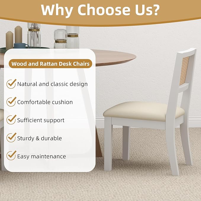 Westice Rattan Dining Chairs Set of 6, Farmhouse Natural Dining Room Chairs with Upholstered Cushion, Wood Armless Chairs for Kitchen/Restaurant, White