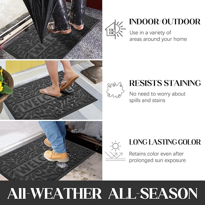 Yimobra Welcome Front Door Mat Outdoor, Heavy Duty Sturdy Non Slip Doormats, Rubber Backing, Low-Profile Entrance Rugs, Absorbent Resist Dirt, Easy Clean Patio Garage Floor Mats, 47X24 Inch, Grey