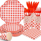 175 Pcs Red Gingham Plates and Napkins Party Supplies - Red and White Checkered Plates Sets Serve 25 Guests - Scalloped Gingham Paper Plate for Birthday Picnic BBQ Christmas Party Decorations