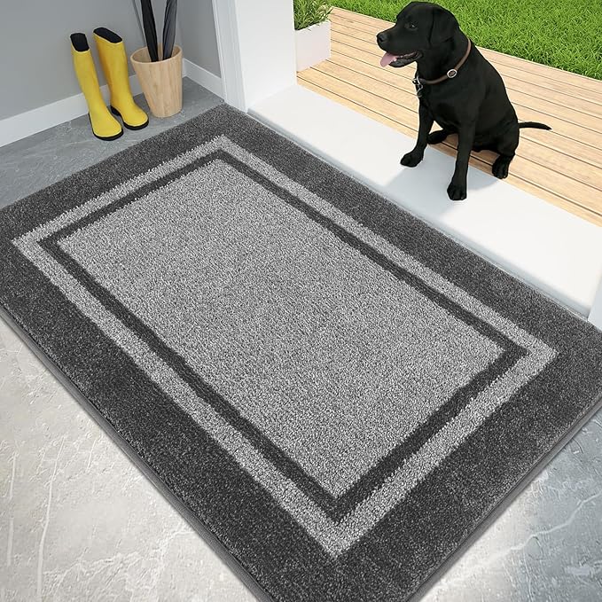 PURRUGS Dirt Trapping Door Mat 34" x 60", Non-Slip/Skid Machine Washable Entryway Rug, Shoes Scraper, Area Rug, Super Absorbent Welcome Mat for Muddy Wet Shoes and Paws, Light Grey & Dark Grey