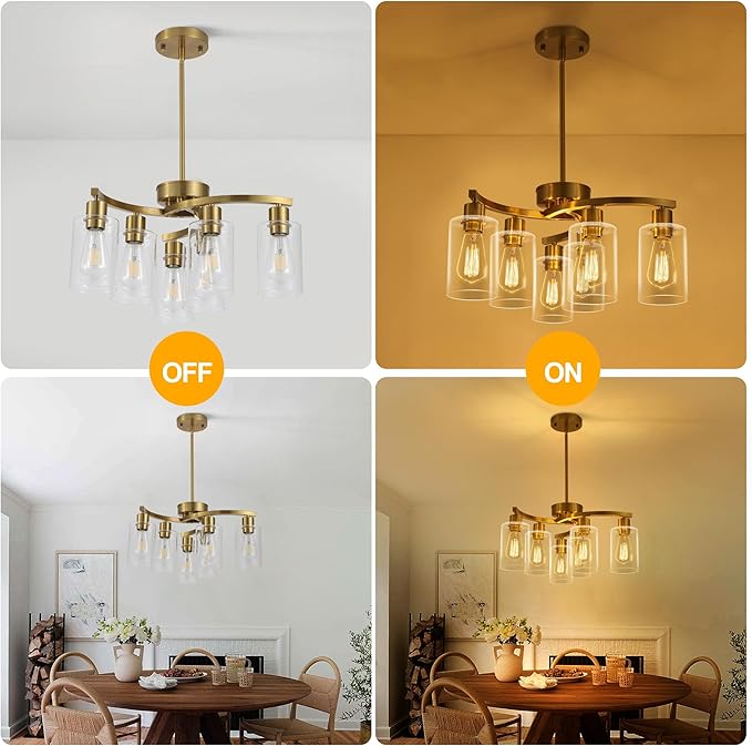 6-Light Gold Chandeliers for Dining Room, Modern Kitchen Island Light Fixtures Over Table, Metal Hanging Pendant Lighting for Living Room Stairwell Entryway Bedroom, Clear Glass Shade