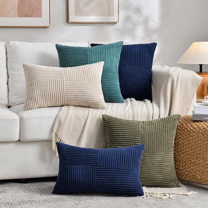 Fancy Homi 2 Packs Tan Long Lumbar Decorative Throw Pillow Covers 12x24 Inch for Couch Bed Sofa, Rustic Farmhouse Boho Home Decor, Soft Striped Corduroy Rectangle Accent Beige Cushion Case 30x60 cm