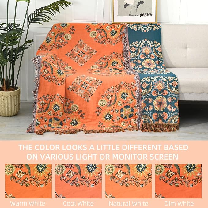 Boho Throw Blanket for Bed - 100% Pure Cotton Ultra Soft Rustic Quilt - Farmhouse Decor Bed Blankets, All Season Rustic Throw for Sofa Couch Chair(80''x 90'', Boho)