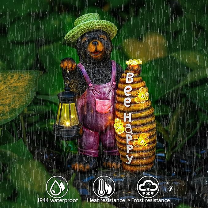 Solar Adorable Bear Garden Statue with Beehive and Lantern - “Bee Happy” Resin Outdoor Decoration for Yard, Patio, or Home Decor