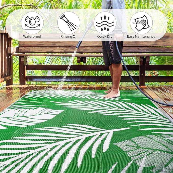Waterproof Outdoor Rug 8x10ft, Green Leaf Reversible Plastic Straw Mat for Patio RV Deck Porch Backyard Balcony Camping Picnic Beach Indoor Outdoor Carpet, Green&White
