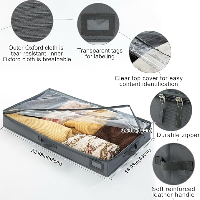 4-Inch Under Bed Storage Containers, Low Profile UnderBed Storage Organizer, Under Crib/Couch Storage Box for Seasonal Clothing, Sweaters, Shoes, Blankets, Wrapping Paper, Sheets & Toys 33"L×17"W×4"H