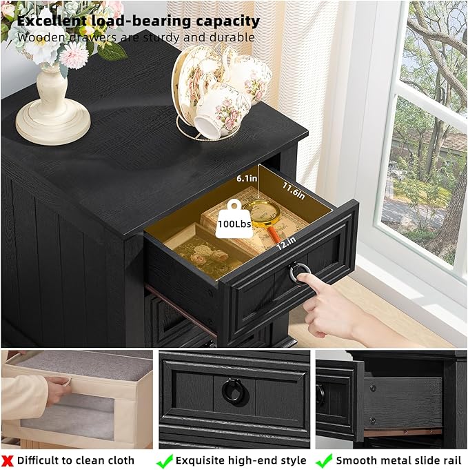 18" Farmhouse Night Stand with 3 Drawers, Wood End Table Dresser for Bedroom, Black Nightstand, Bed Side Table with Metal Handle, Bedside Cabinet for Bedroom Living Room, Closet