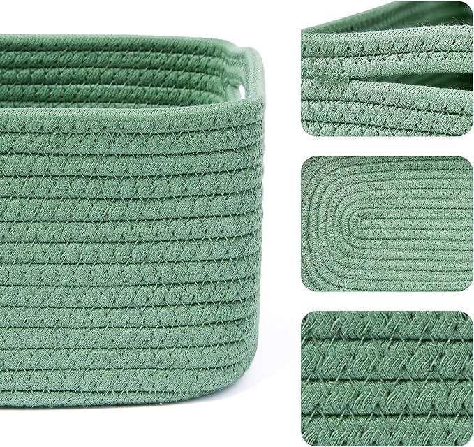 Small Storage Baskets for Organizing | Closet Organizer Bins | Shelf Toy Basket | Woven Rope Baskets | Cube Decorative Box | Shallow Basket | 13x8.5x5.1” | 4 Packs Green