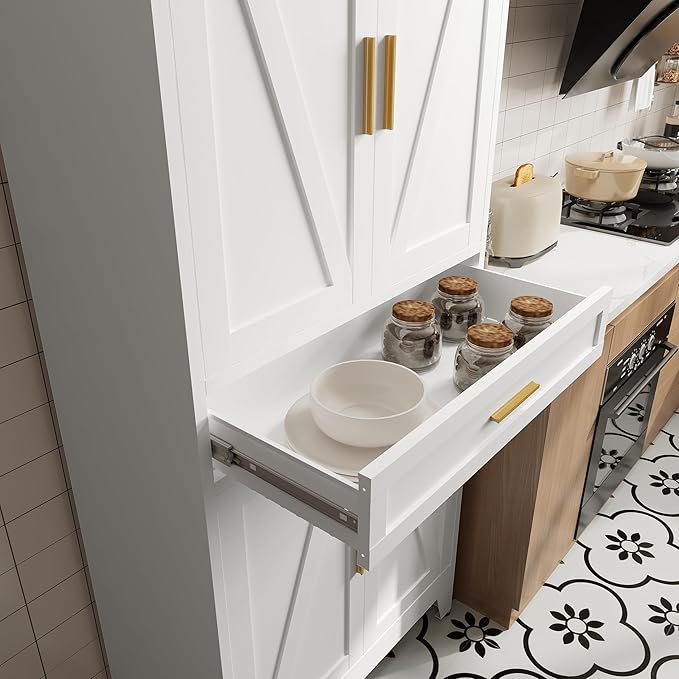 71 "Farmhouse Metal Filing Cabinet with a Drawer and 4 Adjustable Shelves, with 4 Large barn Door White Kitchen Cabinets, Metal Food Cabinets for Home, Kitchen, Dining/Living Room (White)