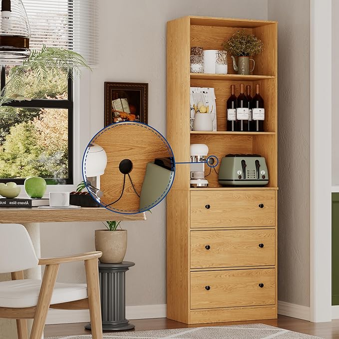 71" Tall Bookshelf with Storage, Bookcase with Drawers, Farmhouse Wooden Corner Book Shelves, Mid Century Modern Book Shelf Wall Standing Home Decor Furniture for Living Room, Bedroom, Office, Kitchen