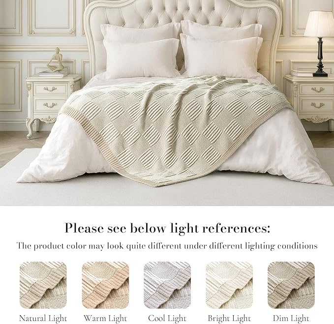 Amélie Home Chenille Knit Throw Blanket for Couch, Checkered Texture Decorative Soft Blanket for Sofa, Bed & Living Room, 50"x60", Khaki & White