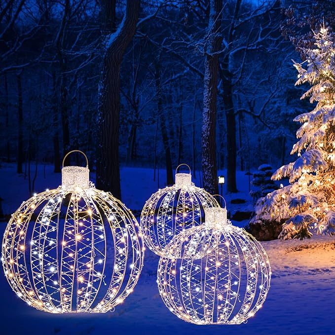 Tangkula Christmas LED Light Balls for Tree (3 Pack), Outside Lighted Sphere with 180 Warm White & 180 Cold White Lights, Holiday Lighted Decorations, Christmas Sphere Balls for Indoor Outdoor Decor