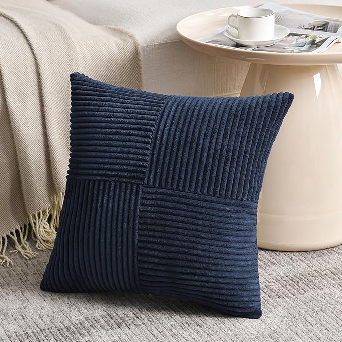 Fancy Homi 2 Packs Navy Blue Decorative Throw Pillow Covers 20x20 Inch for Living Room Couch Bed Sofa, Rustic Farmhouse Boho Home Decor, Soft Corss Corduroy Patchwork Accent Cushion Case 50x50 cm