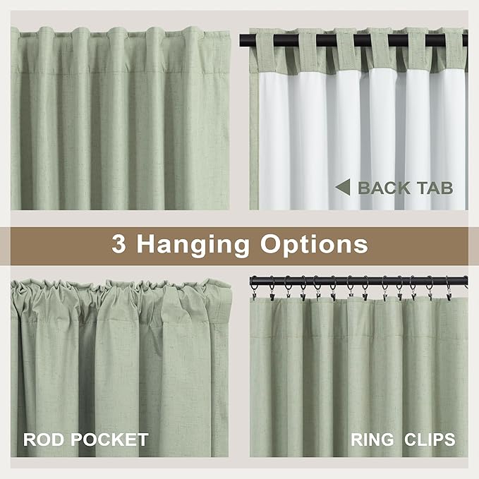 Small Short Blackout Curtains 54 Inch Length for Bedroom 2 Panels Back Tab Pleated Light Sage Green Room Darkening Insulated Thermal Drapes Window Treatment Curtain Panels for Living Room Boho Decor