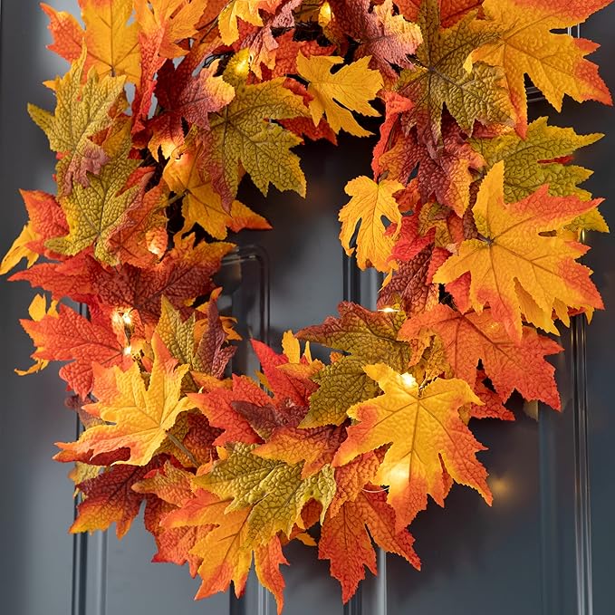 Glitzhome 24 Inch Pre-lit Fall Wreath, Autumn Wreath for Front Door, Lighted Maple Leaves Wreaths with Timer for Thanksgiving Halloween Christmas Wall Front Porch Home Decoration