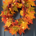 Glitzhome 24 Inch Pre-lit Fall Wreath, Autumn Wreath for Front Door, Lighted Maple Leaves Wreaths with Timer for Thanksgiving Halloween Christmas Wall Front Porch Home Decoration