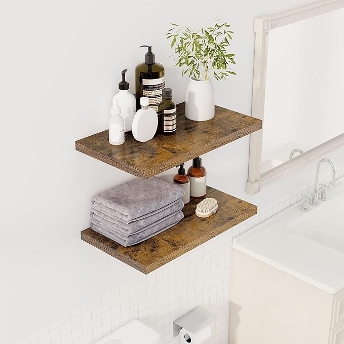 24" Floating Shelves for Wall, 12" Deep Slim Rustic Brown Floating Shelves, Wall-Mounted Shelves for Bedroom, Living Room, Kitchen, Bathroom - Set of 2