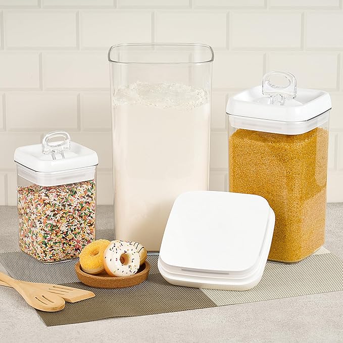 Felli Flip Tite Acrylic Food Storage Container with Lid 6” XL Air Tight Ring Seal Flip Top, Plastic Kitchen Baking Canister for 5 lb Flour Sugar Rice Protein Powder Pantry Organizer (Nest-M, White)