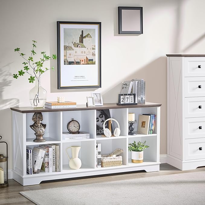 Farmhouse 8 Cube Bookshelf, White Storage Organizer Bookcase, Kids Toy Storage Cabinet, Long Bookshelves Storage Organizer Shelf, Wood Display Cabinet Book Shelves for Bedroom,Living Room,Office