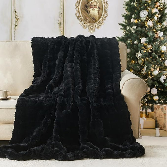 Lotus Karen Faux Fur Throw Blanket Black - Big Bubble Rabbit Fluff Blanket for Couch, Small Fluffy Fuzzy Cozy Blanket, Thick Furry Plush Shaggy Blankets, 50x60 Inches