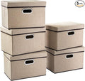 PRANDOM Collapsible Storage Containers with Lids [5-Pack] Jute Fabric Foldable Storage Bins Boxes Organizer Baskets Cube with Cover for Home Bedroom Closet Office Nursery (14.9x9.8x9.8)