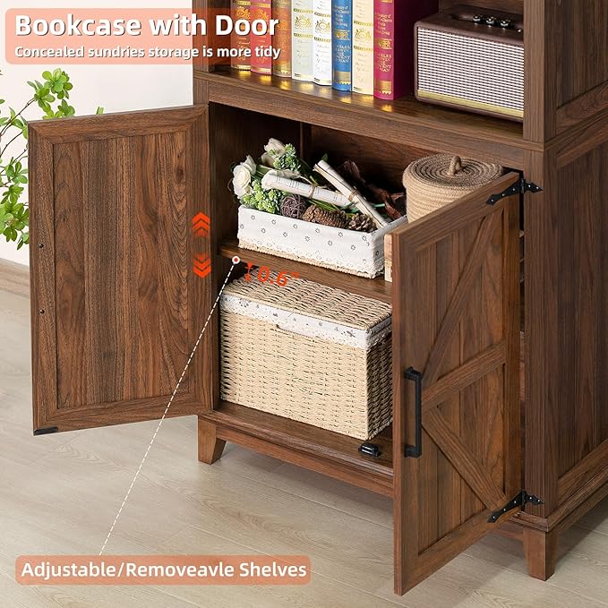 70in Tall Bookshelf 5 Tier Bookcase with Barn Doors and Adjustable Shelves, Brown Farmhouse Book Shelf with Storage Cabinet, Wood Freestanding Display Bookshelves for Bedroom, Kitchen (2PCS)