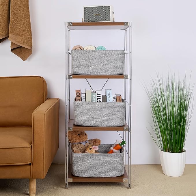 Large Storage Baskets for Shelves, Closet Organizers Bins for Clothes Blanket Towels, Baby Nursery, Toy Baskets Box, Woven Rope Baskets, 17 x 13 x 7.5”, 3 Packs Mixed Grey