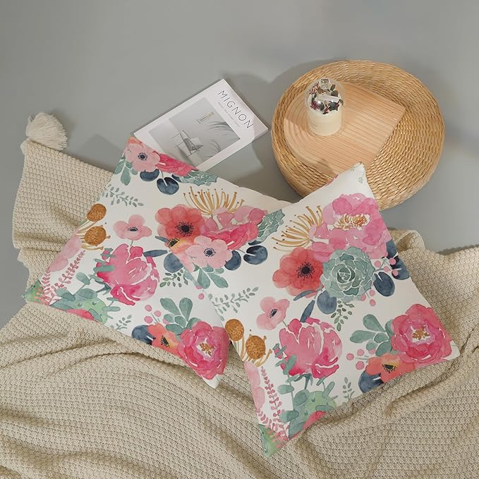 CXMEIFLY Spring Floral Pillow Covers 20 x 20 Inch Set of 2 for Watercolor Pink Flowers Decor Throw Pillows Green Leaves Plant Outdoor Decorative Cushion Cases with Zipper for Couch Bed Decorations