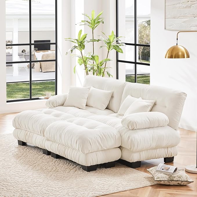 Loveseat Modular Sectional Sofa, U Shaped Couch with Ottoman, Cloud Couch Sectional Couch Home Sofa Living Room Oversized Couch Deep Seat Couch with Round Bolster Armrests 4 Pillows(White)