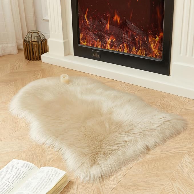 AMTOVO Faux Fur Rug, Beige Small Area Rug, Fluffy Sheepskin Rug, Fuzzy Ultra Soft 2 x 3 ft Shag Rugs for Bedroom Sofa Throw Cushion Room Decor, Sheepskin
