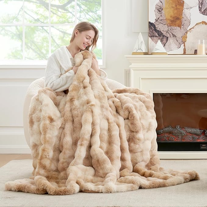 Cozy Bliss Faux Fur Throw Blanket for Couch, Fuzzy Soft Plush Thick Bubble Blanket for Sofa Bedroom Living Room, 60 * 80 Inches Tie-dye Beige
