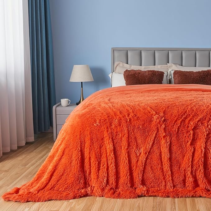 GONAAP Fuzzy Faux Fur Throw Blanket Queen Size Orange Super Soft Cozy Plush Fuzzy Shaggy Blanket for Couch Sofa Bed (Orange, Queen(90"x90"))