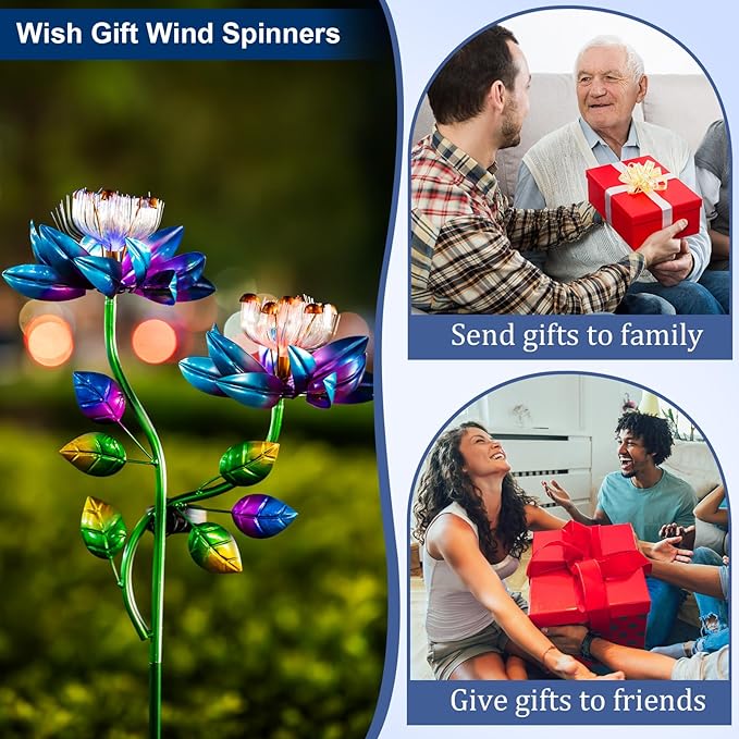 Solar Wind Spinners Blue Twin Flowers for Yard and Garden, Solar Windmill Garden Whirligig Kinetic Spinners Decor for Lawn, Patio, Yard, Metal Wind Outdoor Sculpture