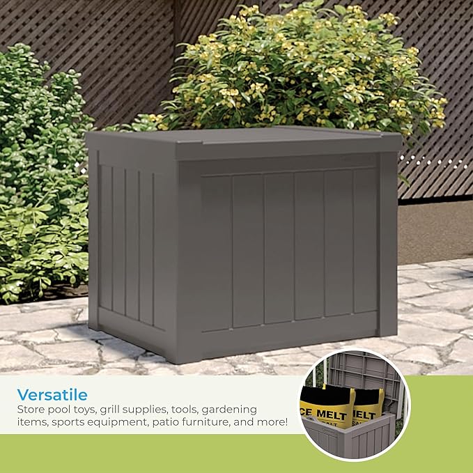 Suncast 22-Gallon Small Deck Box - Lightweight Resin Indoor/Outdoor Storage Container and Seat for Patio Cushions and Gardening Tools - Store Items on Patio, Garage, Yard - Stone Gray, Made in the USA