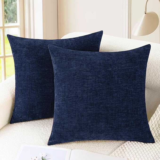 CaliTime Throw Pillow Covers Decorative 18 X 18 Inches Pack of 2 Cozy Chenille Cushion Cases for Couch Sofa Bed Living Room Home Navy Blue