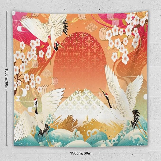 HZOHNAGO Japanese Tapestry Cherry Blossom Crane Sea Wave Fuji Mountain Red Sun Pattern Printed Wall Tapestry Painting Wall Hanging for Bedroom Living Room Dorm 60" W x 60" H