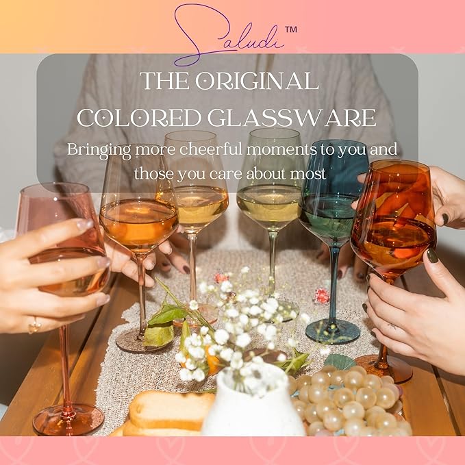 Saludi Original Midnight Blue Wine Glasses, 16.5oz (Set of 6) Stemmed Single Color Blue Glass - Great for All Wine Types and Occasions or Gifts - Luxury, Durable, Hand-Blown